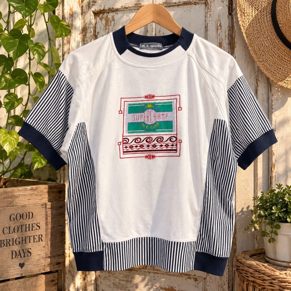 Vintage ME Sport Superchamp Short Sleeve Sweatshirt White Navy Striped Small